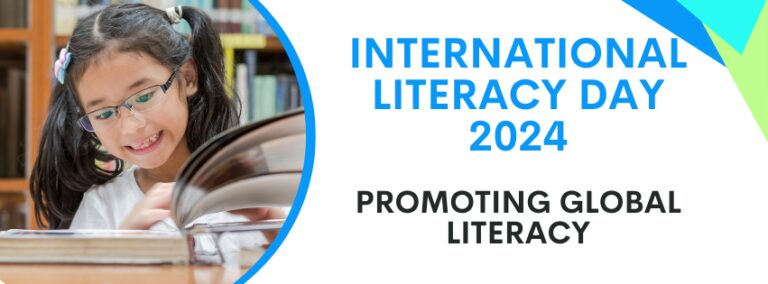 A young girl reading a book in a library, celebrating International Literacy Day 2024 with the message "Promoting Global Literacy."