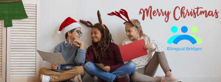 Children in festive Christmas outfits holding crafts, promoting gift for language learners, including gift cards, language learning tools, and ideas for a holiday gift guide with practical gifts for everyone and unique gift ideas for language lovers.
