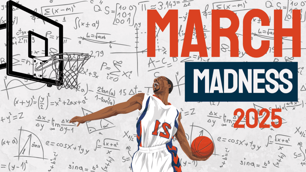March Madness 2025 basketball player with math equations, symbolizing math skills practice through sports and statistics