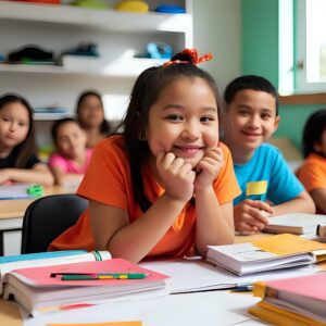 Happy bilingual students learning in class, showing the impact of the science of reading explained and dual language immersion.
