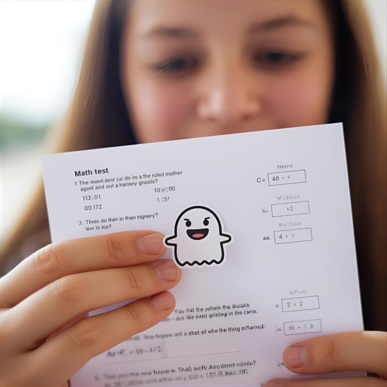 Student holding a math test with a ghost sticker symbolizing how math practice tests and tutoring reduce test anxiety.