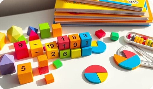 Colorful math manipulatives and number blocks used in bilingual math tutoring for K-12 students