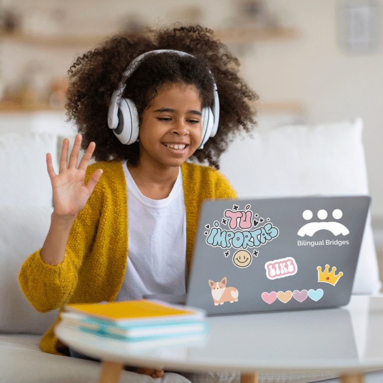 Young multilingual student receiving online learning support from Bilingual Bridges during a virtual tutoring session