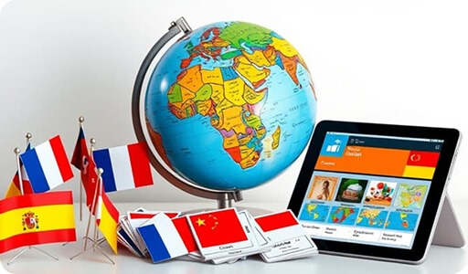 Globe with country flags and tablet representing online world language tutoring in 15 languages