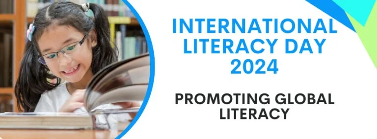 A young girl reading a book in a library, celebrating International Literacy Day 2024 with the message "Promoting Global Literacy."