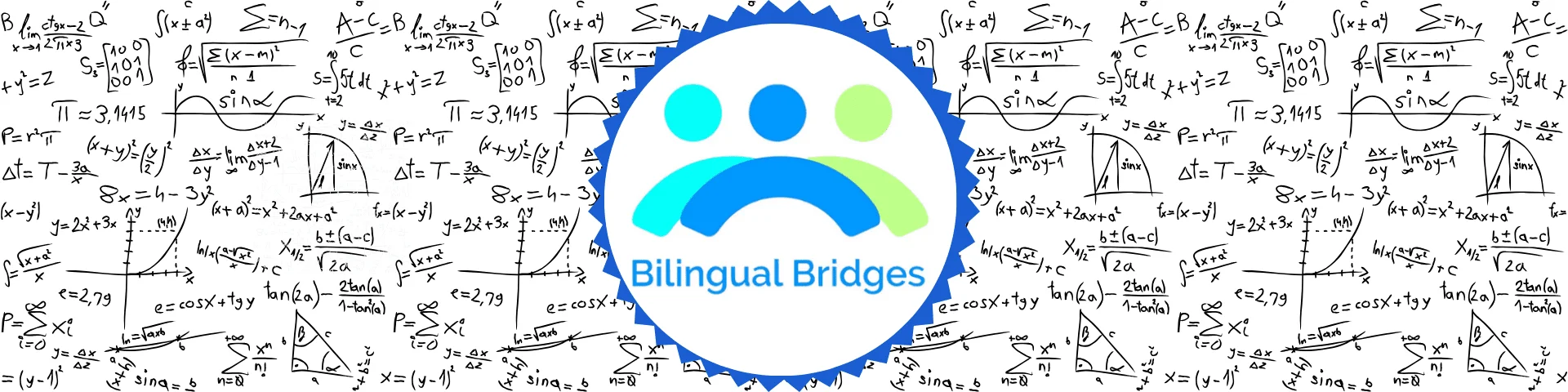 Bilingual Bridges logo with algebra equations in the background highlighting algebra tutor and math practice tests support.
