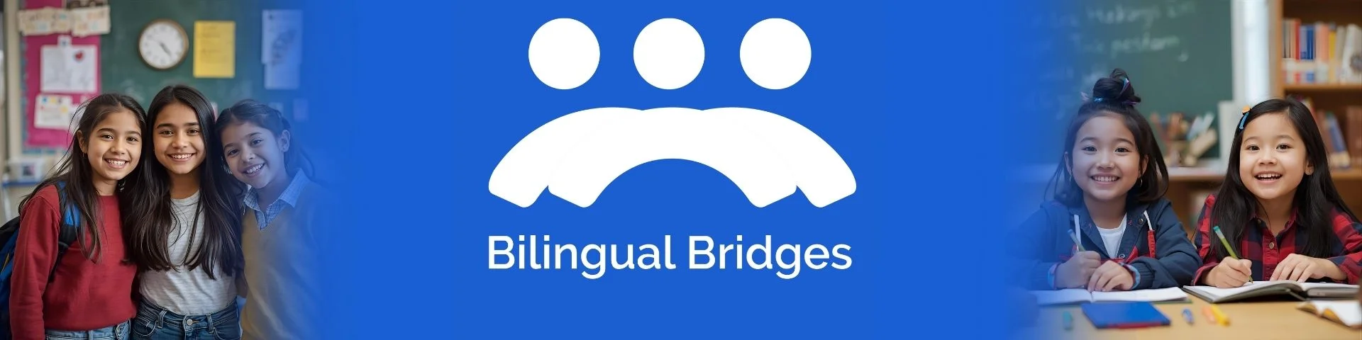 Bilingual Bridges logo with students smiling in class.