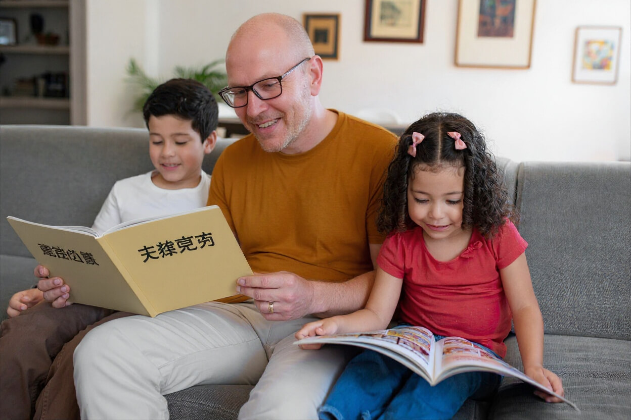 Father reading a book with two children at home, reinforcing home language use through a shared family reading routine