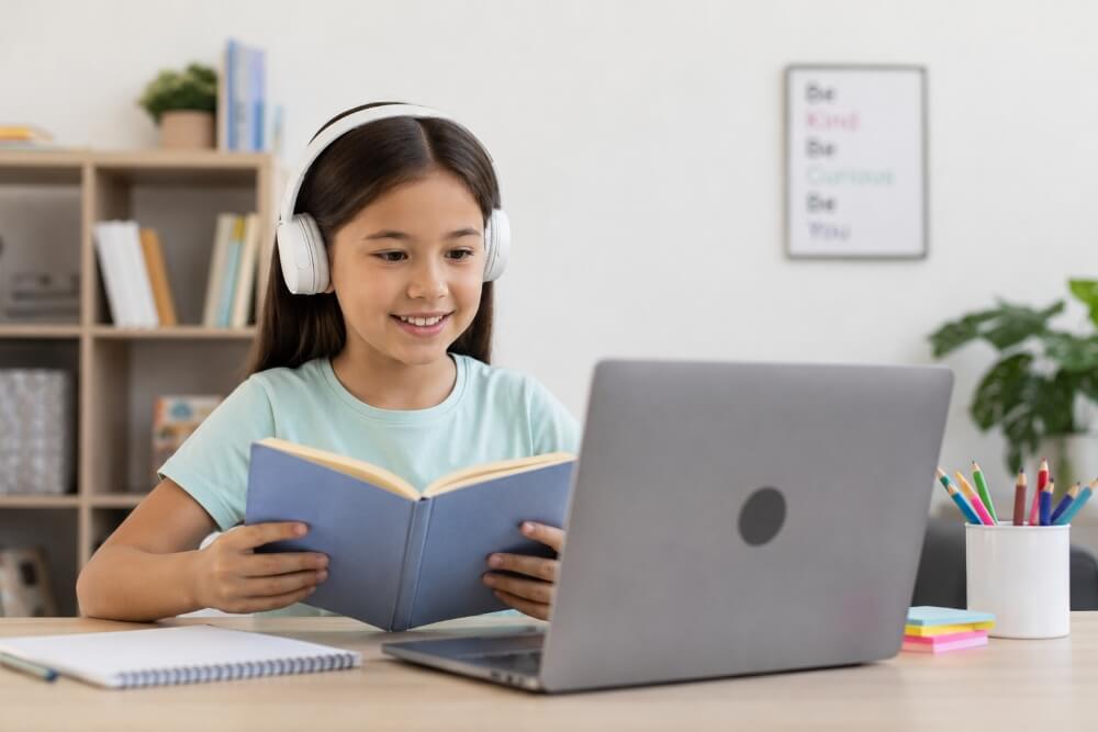 Young girl reading with headphones during an online bilingual tutoring session