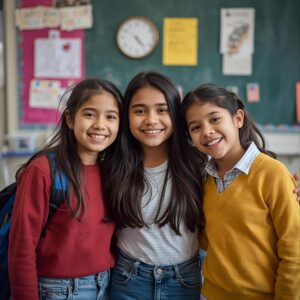 Three bilingual students smiling together in a classroom.