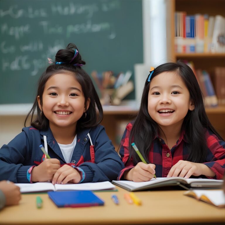 Three bilingual students smiling together in a classroom.