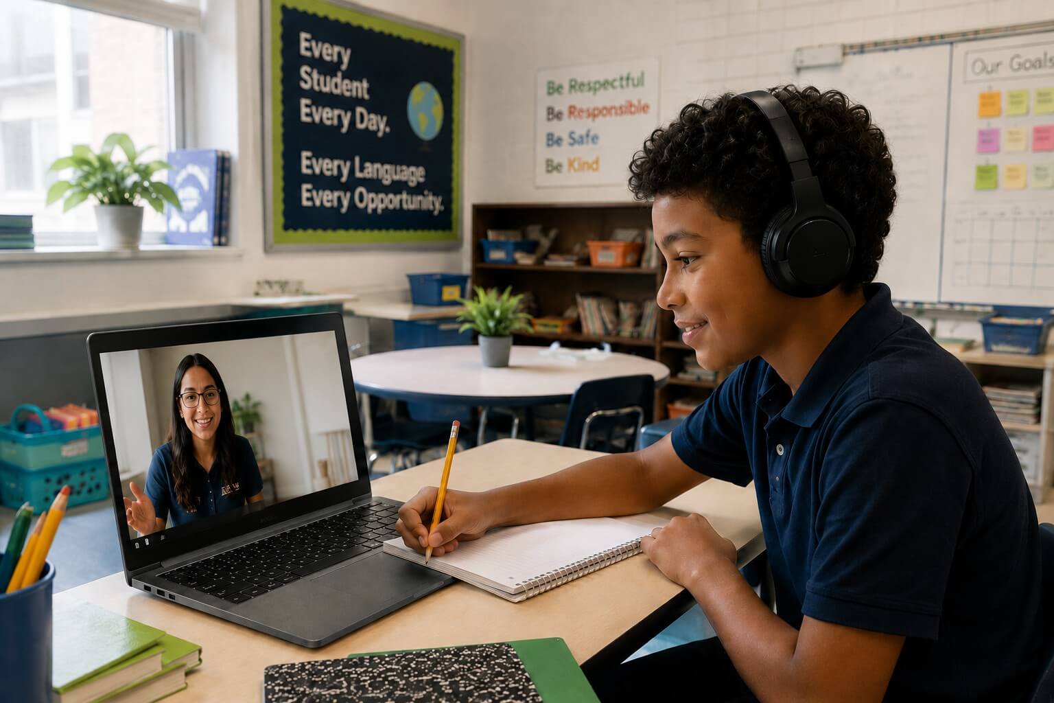 Bilingual tutor working with K-12 students online in a school bilingual tutoring session