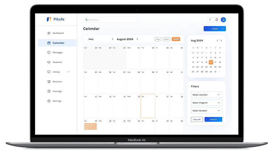 Pitufo platform desktop view – Bilingual Bridges online tutoring and student booking dashboard