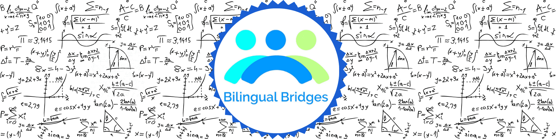 Bilingual Bridges logo with algebra equations in the background highlighting algebra tutor and math practice tests support.
