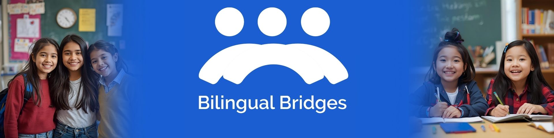 Bilingual Bridges logo with students smiling in class.
