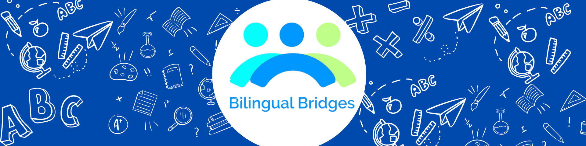 Bilingual Bridges logo with school-themed doodles background.