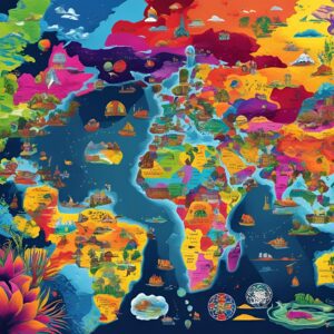 Colorful illustrated map of the world celebrating cultural diversity and multilingual learning through geography and global storytelling.