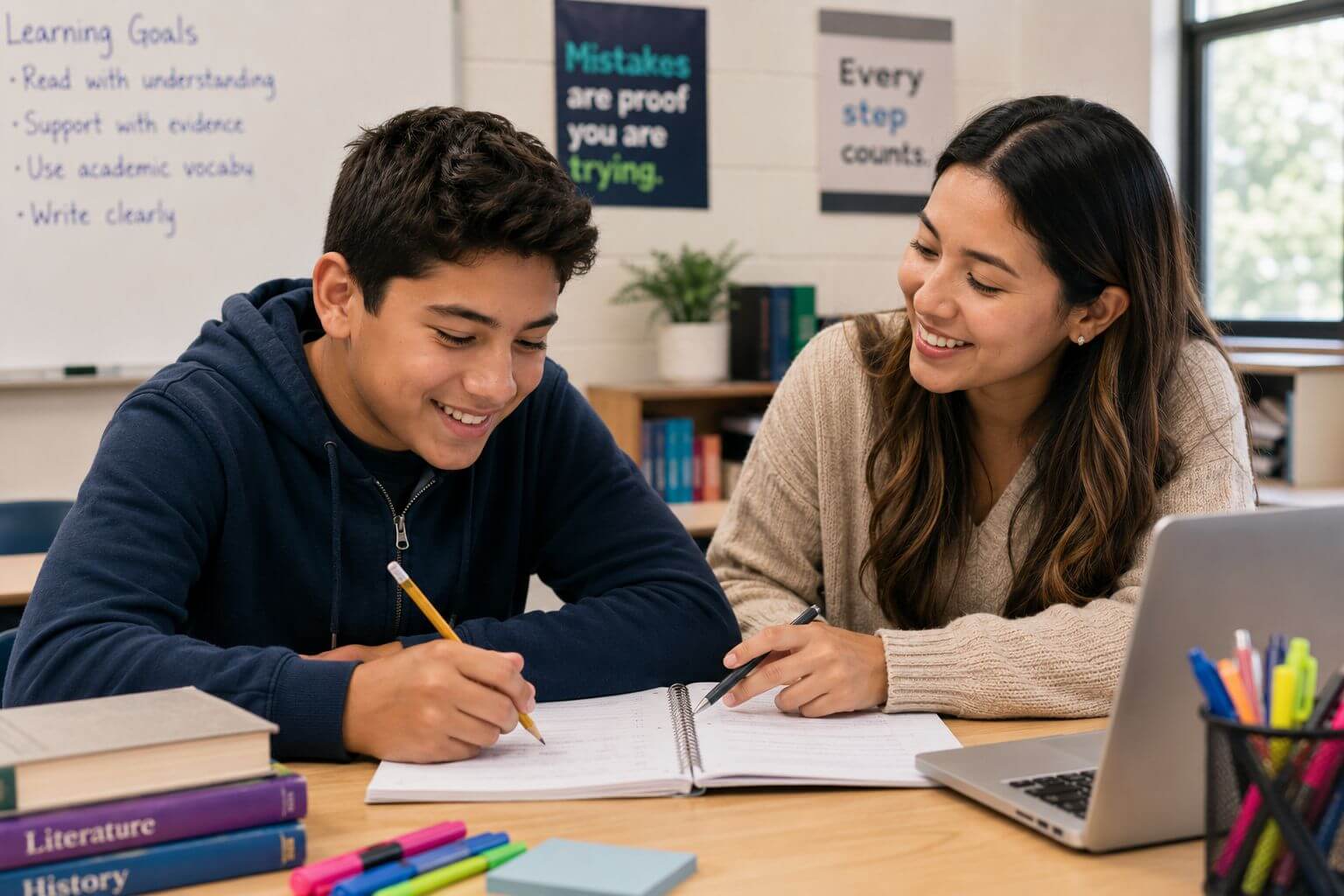 Middle school student working with a certified bilingual tutor and smiling as he builds confidence in reading and writing.
