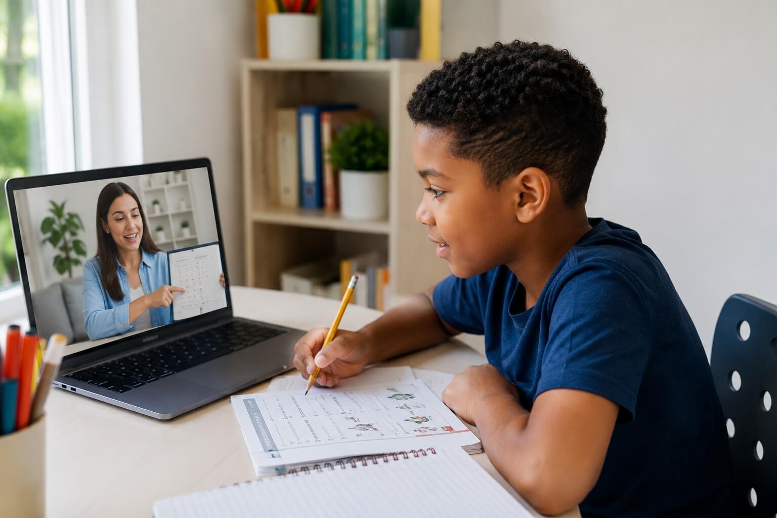 Student working with a certified bilingual tutor during an online literacy tutoring session funded by NC ESA+