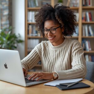 Tutor smiling while teaching online from a laptop.