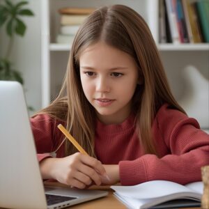 Student participating in online tutoring, applying the science of reading explained within a dual language immersion program.
