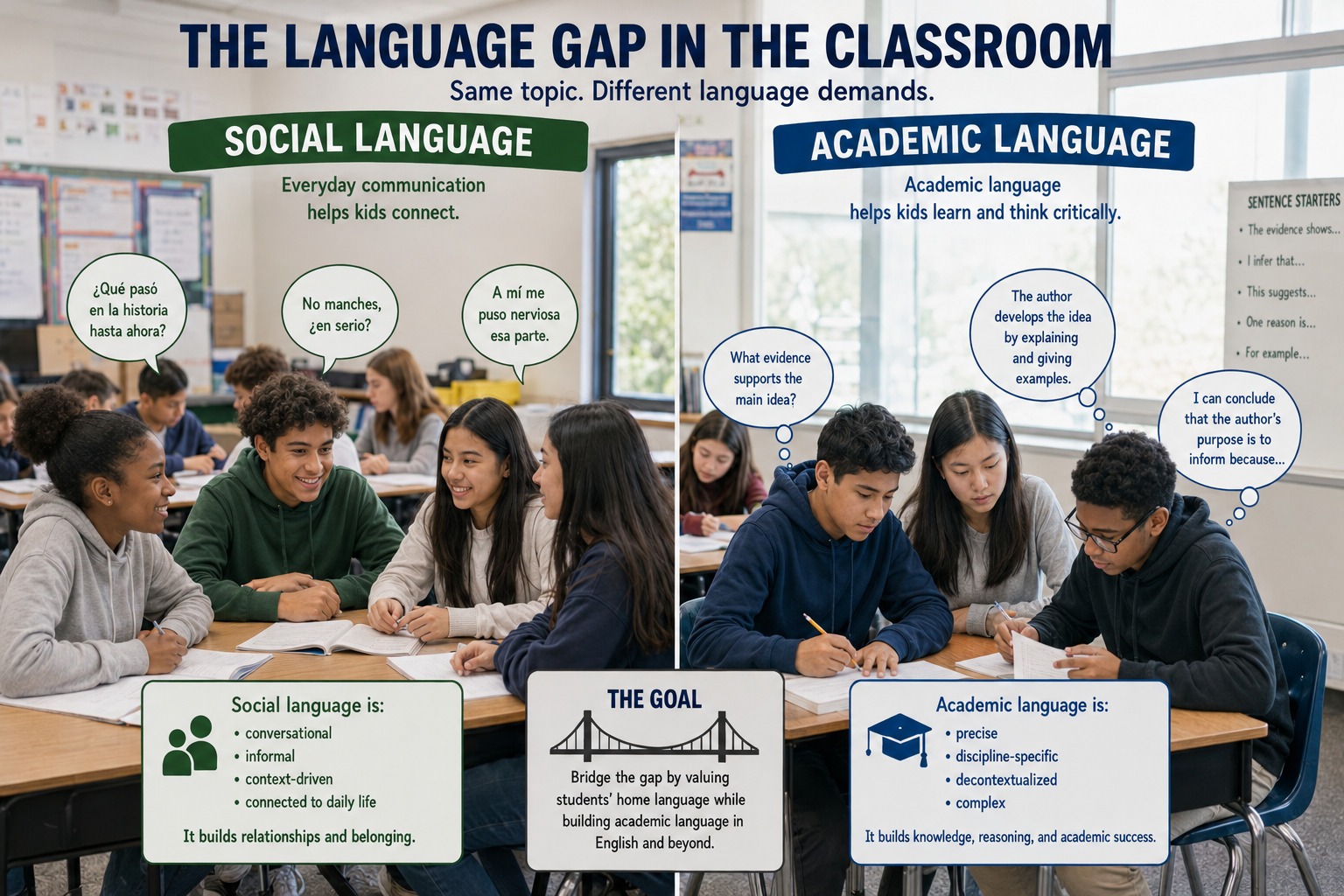 Social language vs academic language infographic showing how bilingual learners use conversational English and academic English in school.