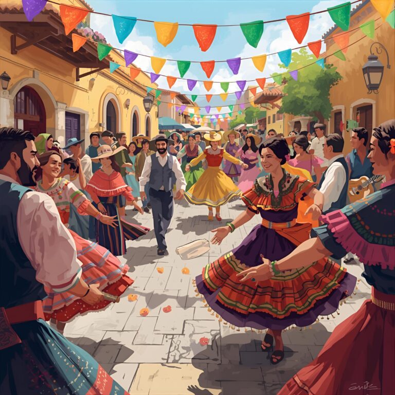 People dancing in traditional clothing during a Hispanic Heritage Month street celebration with colorful flags and music